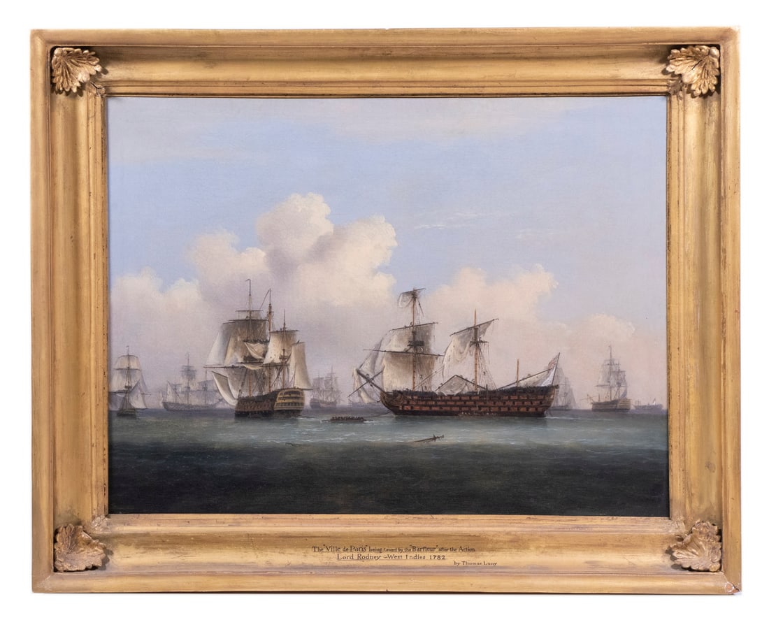 THOMAS LUNY (UK, 1759-1837): The 'Ville de Paris' being towed by the 'Barfleur' after the Action, Lord Rodney - West Indies, 1782, oil on canvas, unsigned, with title and artist's name inked on the frame, a deep cove gilt replica