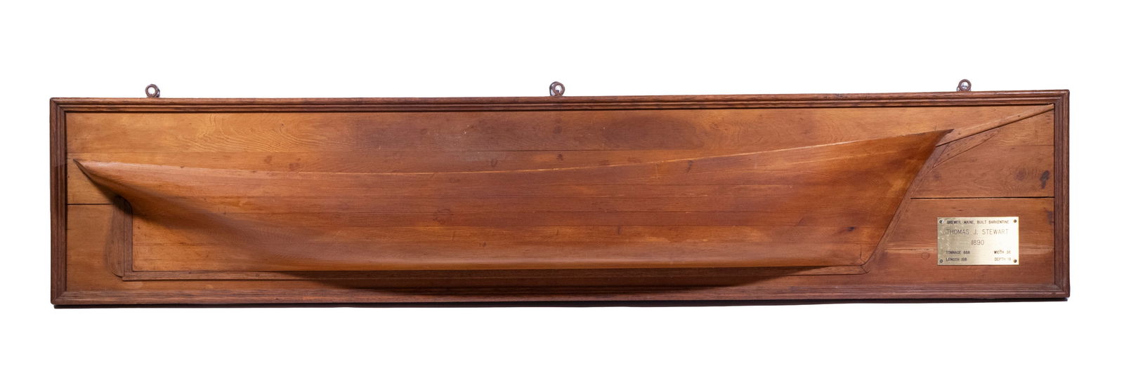 HALF HULL MODEL OF BARKENTINE "THOMAS J. STEWART": Vintage Finely Crafted Ship Model, with brass plaque "Brewer Maine Barkentine Thomas J. Stewart, 1890...", mounted on a molded edge wooden plaque, 13" x 63 1/2".From a private Maine collection.