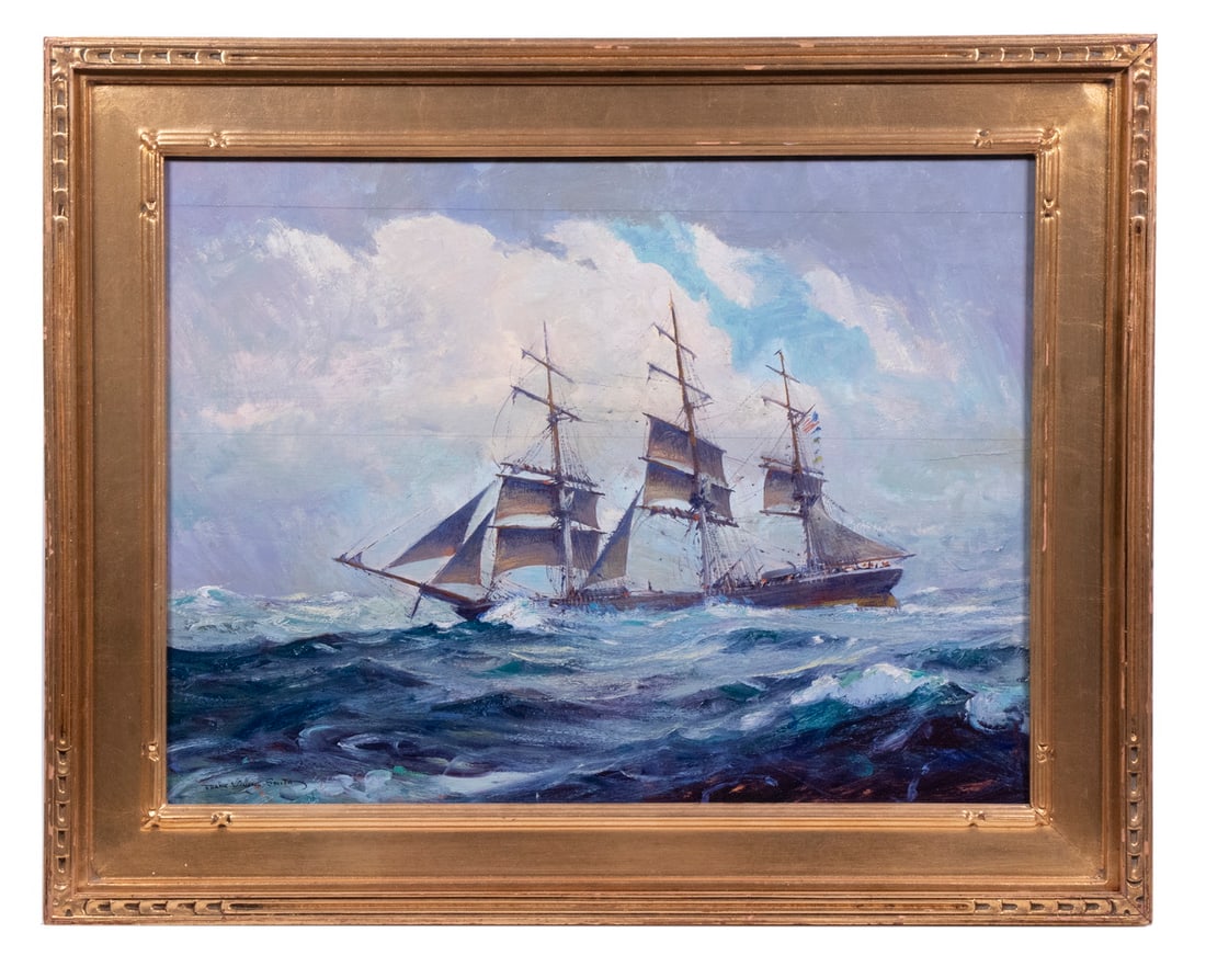 FRANK VINING SMITH (MA, 1879-1967): Heavy Weather, oil on panel, signed lower left, titled verso, depicting a clipper ship reefing her sails, housed in a period gilt Arts & Crafts frame, OS: 15 1/2" x 19 1/2", SS: 11 1/2" x 15 1/2".From