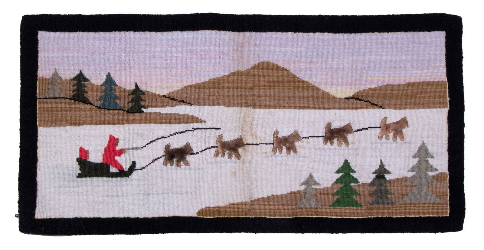 VINTAGE LABRADOR HOOKED MAT WITH DOG SLED SCENE (1 of 2)