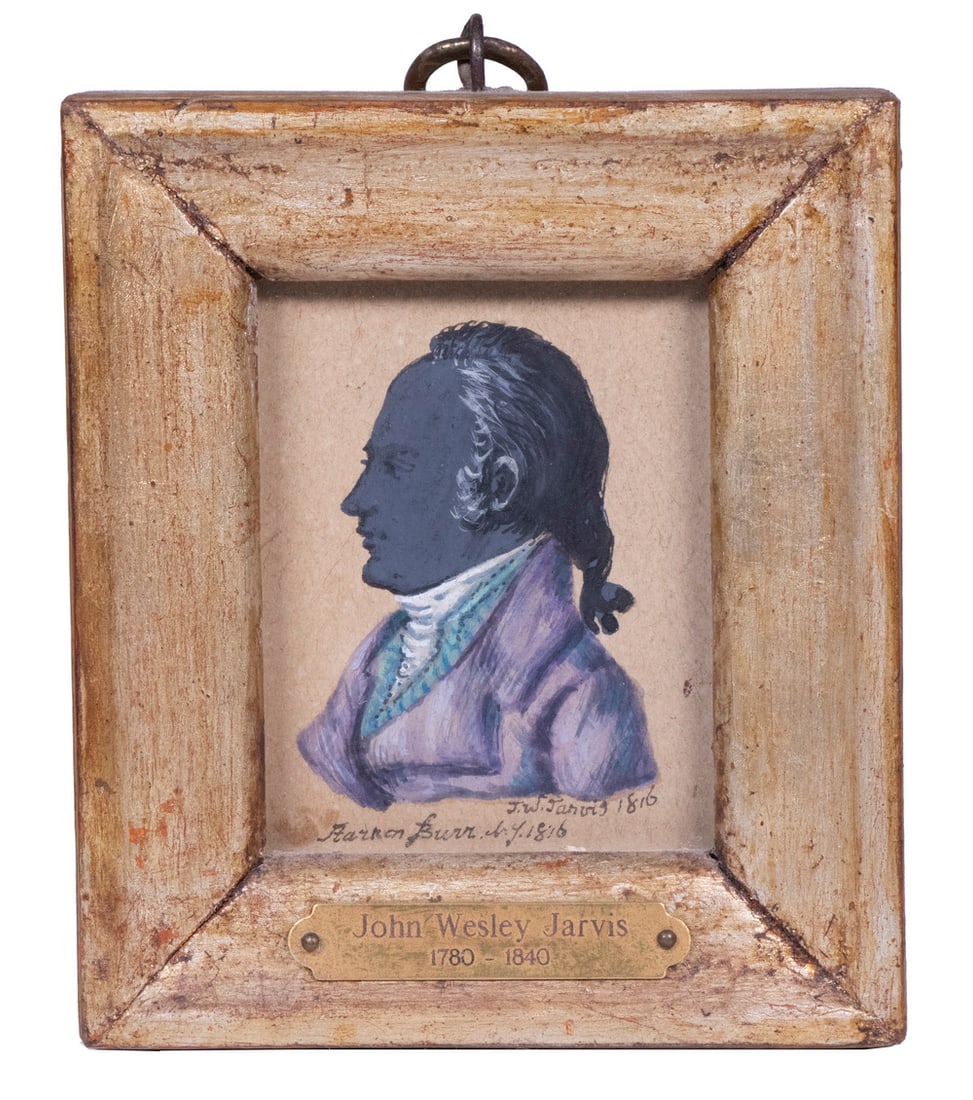 AARON BURR PORTRAIT BY JOHN WESLEY JARVIS: Miniature Portrait of Aaron Burr (1756-1836,Vice President (1801-1805), Murderer of Alexander Hamilton in the duel of 1804), signed and dated 1816, NY, with subject identified in artist's hand, cutwor