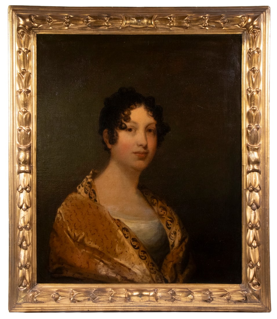 GILBERT STUART (MA/RI, 1755-1828): Elisabeth Bender Greenough (Mrs. David Greenough), about 1805, oil on canvas, unsigned, in hand carved lotus wreath gilt frame, OS: 35 1/2 x 30", SS: 29" x 24", cleaned and relined.David Stoddard Gree