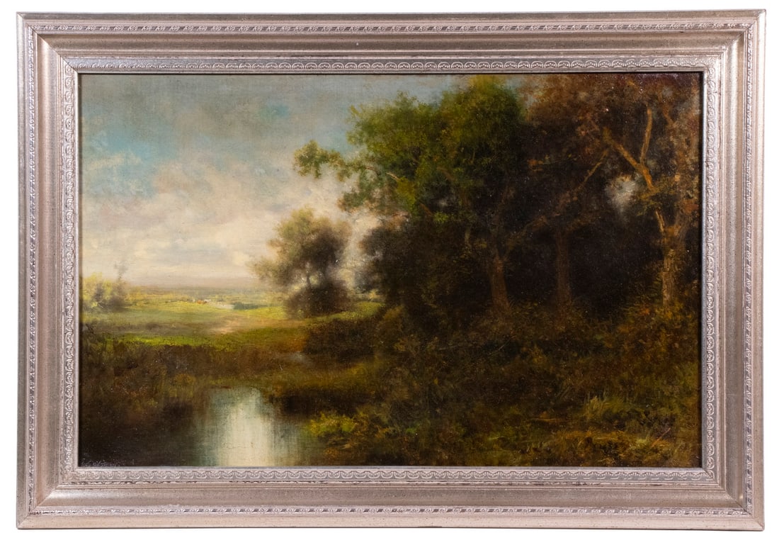 GEORGE INNESS (NY/MA/SCOTLAND, 1825-1894): Montclair, New Jersey, oil on canvas, signed lower right, depicting a pond at the edge of dark woods, bright pasture beyond, in later silver molded cove frame, OS: 18" x 26", SS: 13 1/2" x 21 1/2", cr