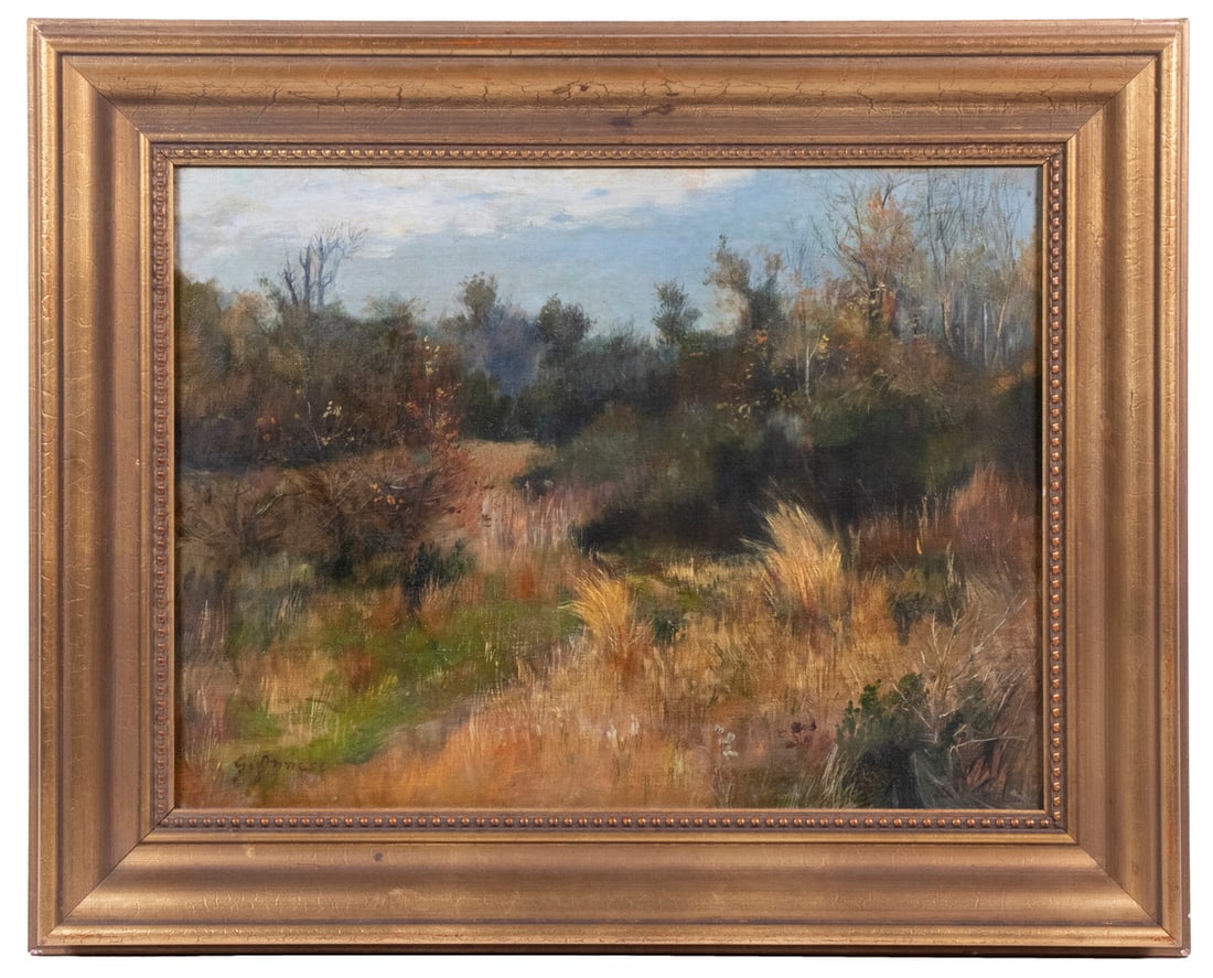 GEORGE INNESS (NY/MA, 1825-1894): Pastoral Landscape, oil on canvas, signed lower left, in later gold cove frame with beaded liner, OS: 16 1/2" x 20 1/2", SS: 11 1/4" x 15 1/4".
