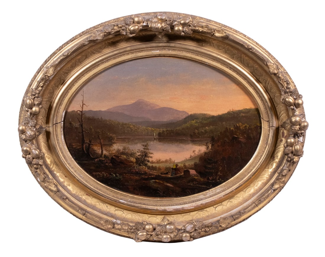 ATTRIBUTED TO THOMAS COLE (NY/UK, 1801-1848): Mount Chocorua (New Hampshire), oval oil on canvas, unsigned, depicting the mountain, a lake and a hunting party in the foreground. In the original gilt cove gesso oval frame, circa 1845,, OS: 15" x 1