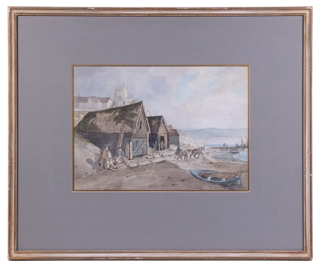 THOMAS ROWLANDSON (UK, 1756-1827): Folkstone, 1803, watercolor and ink on wove paper, titled, dated and signed at bottom, in whitewashed molded stick frame, matted under glass, OS: 14 1/2" x 17 1/2", SS: 7 1/4" x 10".