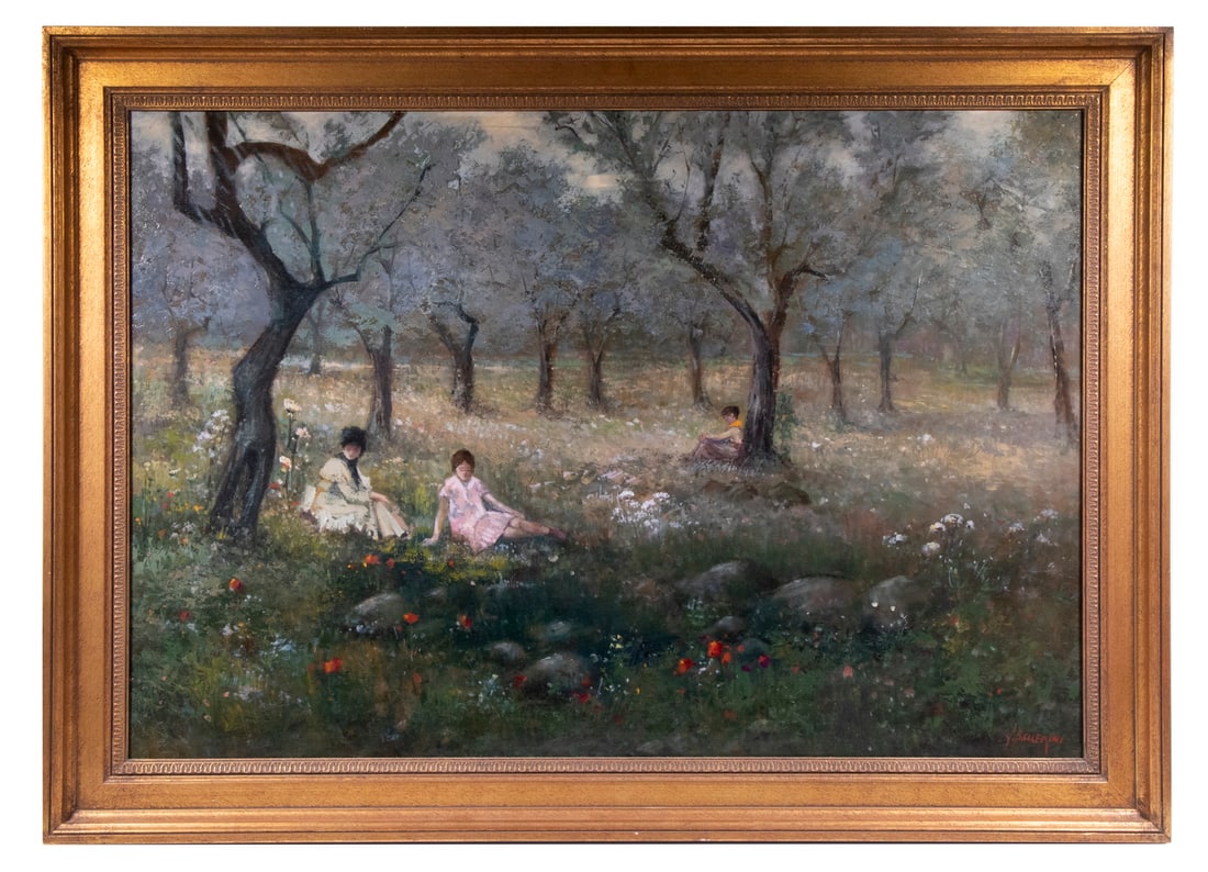 UBALDO BALLERINI (ITALY, 1927 -): L'Oliveta-Del Chianti, depicting two girls and a distant boy resting under olive trees in a grove, oil on hardboard, signed lower right, signed and titled verso. Housed in molded dark gold frame, OS: