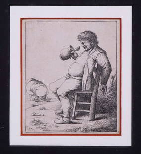 CORNELIS PIETERSZ BEGA (NETHERLANDS, 1631-1664): Drunken Man in Chair Outdoors raises tankard while watching woman making water, etching on wove paper, in faux tortoiseshell frame under black mat and UV plexi, OS:12" x 9", impression: 3 1/2" x 2 7/8