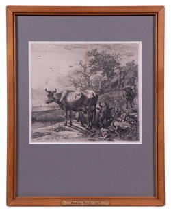 PAULUS POTTER (NETHERLANDS, 1625-1654): Cows in Pasture, copperplate engraving, signed in plate and dated 1649, on wove paper, n teak stick frame with tag, matted under UV plexi, OS: 14 1/2" x 11 1/2", impression: 7" x 7 3/4".