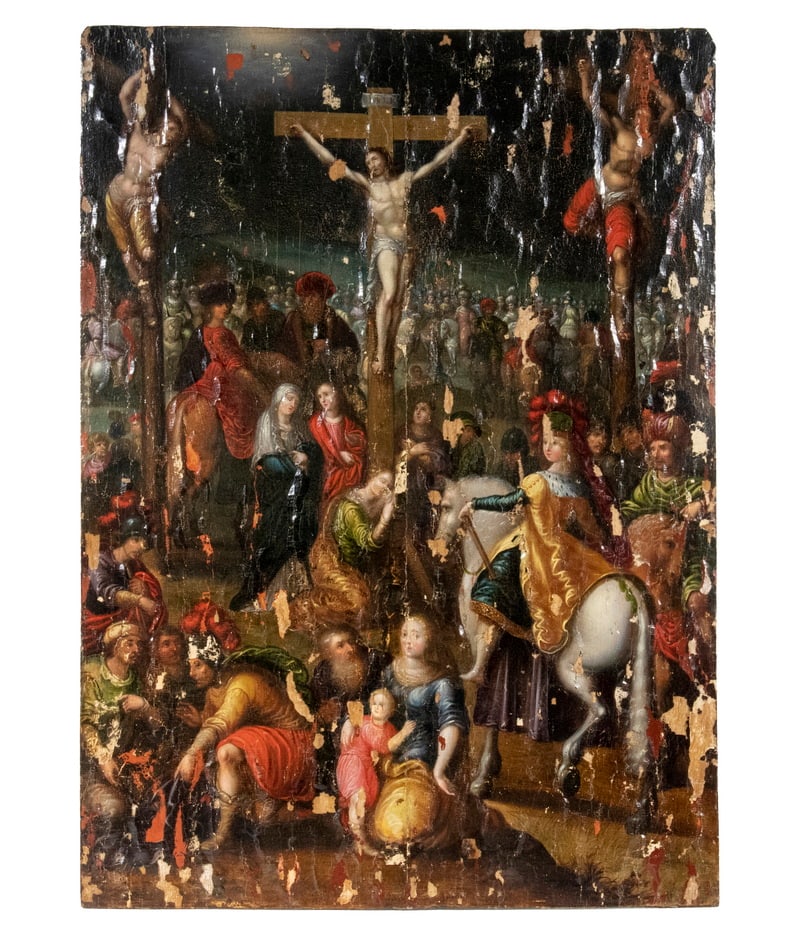 17TH C. CRUCIFIXION PAINTING, UNFRAMED (1 of 4)