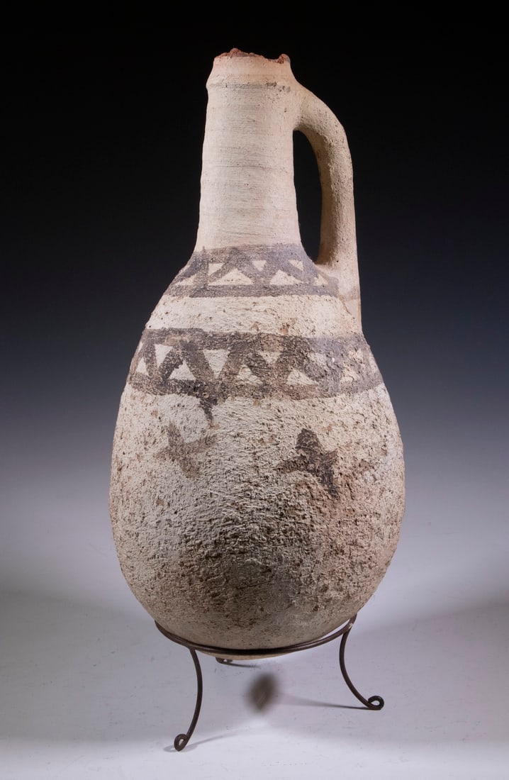 ANCIENT DECORATED TERRA COTTA WINE AMPHORA: Raised from the Aegean Sea, Phoenician? On wire stand, 23" tall pottery only.