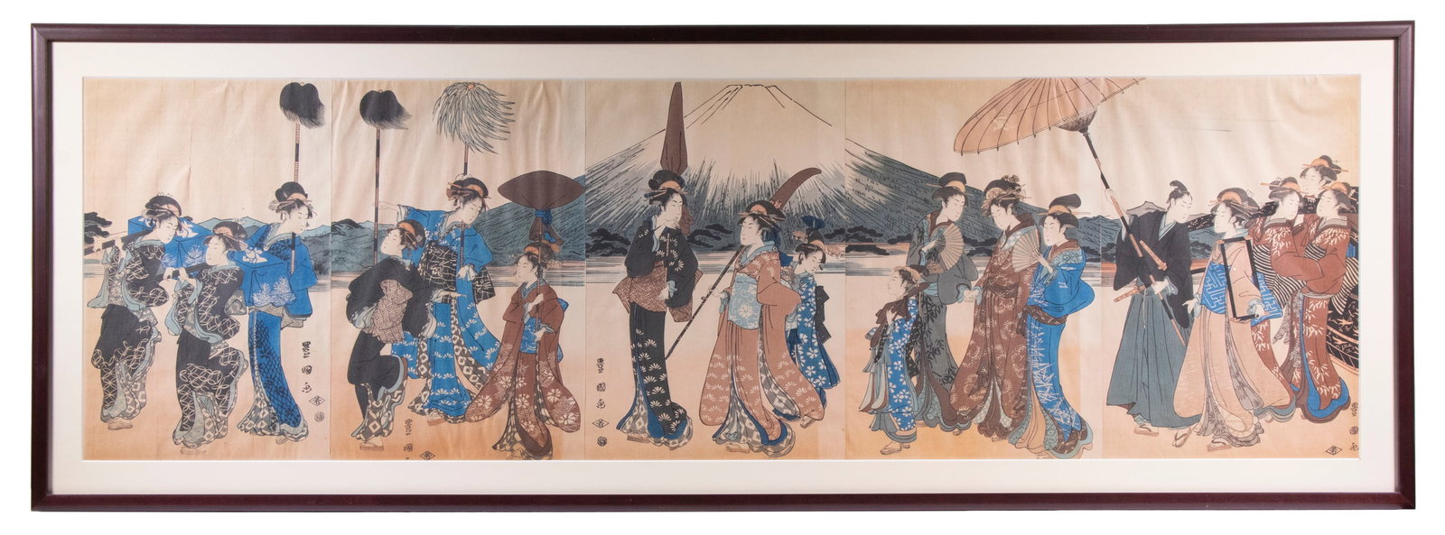 UTAGAWA TOYOKUNI (JAPAN), 1769-1825): A Princess and Her Suite on a Walk (Mt Fuji behind), a scarce 5 sheet woodblock print, with the mark of publisher Nagasaki Yochi, Edo. In mahogany casement frame, matted under plexi, sheets joined, OS