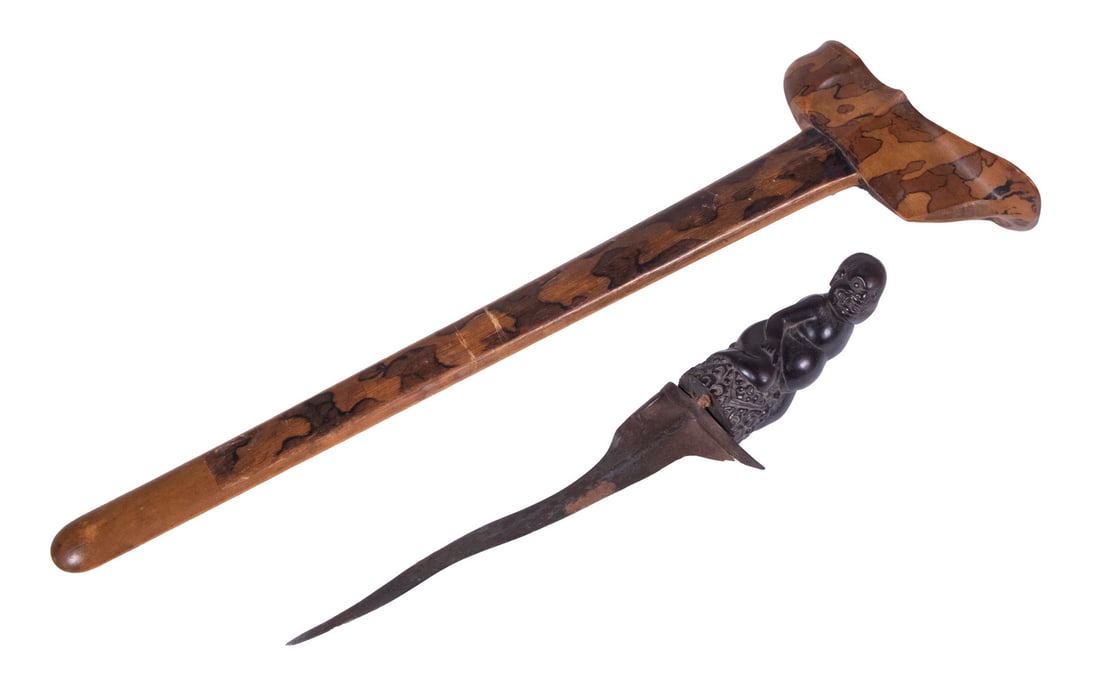 BALINESE KRIS DAGGER W/ SCABBARD: 19th c. Kris Dagger with carved wood handle in the form of the Demon Rakshasa crouching atop a throne of fire, his head turned to one side with bared teeth. Classical sinuous blade, with the original