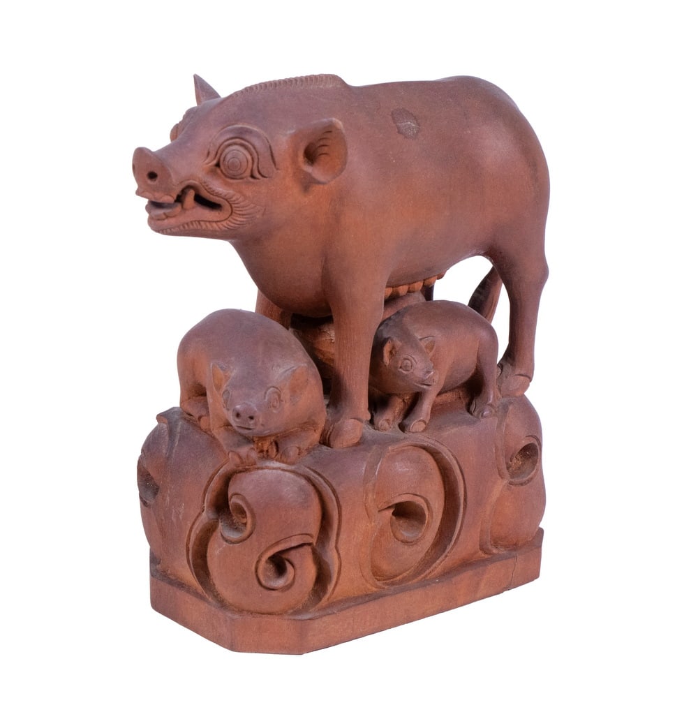 BALINESE CARVING OF BOAR WITH PIGLETS: Finely Carved Boar Group, depicting a mother boar, possibly boar demon (Babi Ngepet), and her three offspring, atop an integral wooden base, 4" high, 4" x 2". Small base chip.From a Camden, ME Estate.