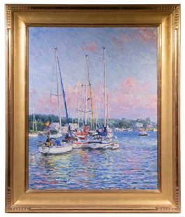 JAN PAWLOWSKI (LATE 20TH CT/MA): At the Harbor, oil on canvas, signed lower left, titled verso on Mystic Maritime Gallery label with original price of $4,800. In 22k gold leaf Arts and Crafts replica frame, OS: 38" x 32", SS: 30" x 2