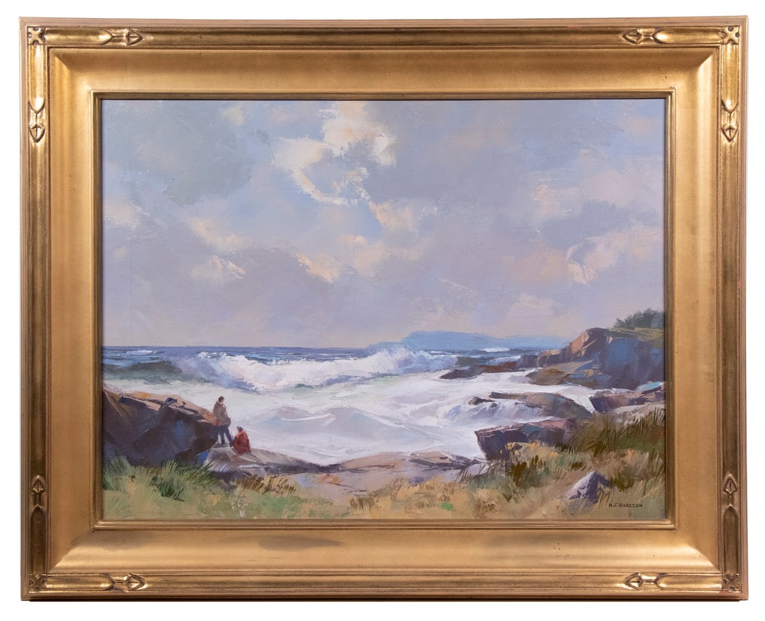 ALPHONSE JOSEPH SHELTON (NH/ME., 1905-1976): Edge of the Season, oil on canvas, signed lower right, signed and titled on the stretcher, along with a stamp of the artist's New Hampshire address. Depicts two figures isolated on a stormy coast. In
