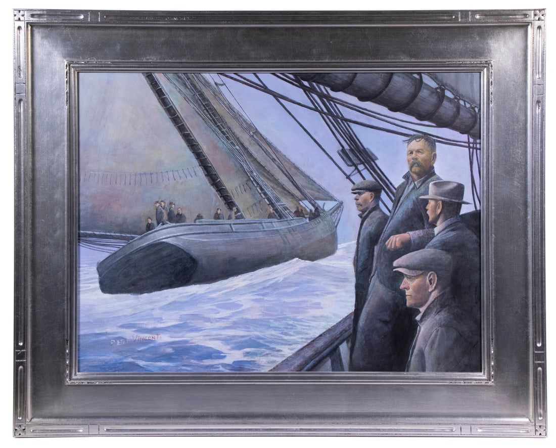 PETER A. VINCENT (CT/MA, 1946-2012): Racing to Market, acrylic on board, signed lower left, titled on label verso, depicting two fishing schooners of anxious crews trying to bring ion their haul. Inn silver leaf carved corner Arts and Cr