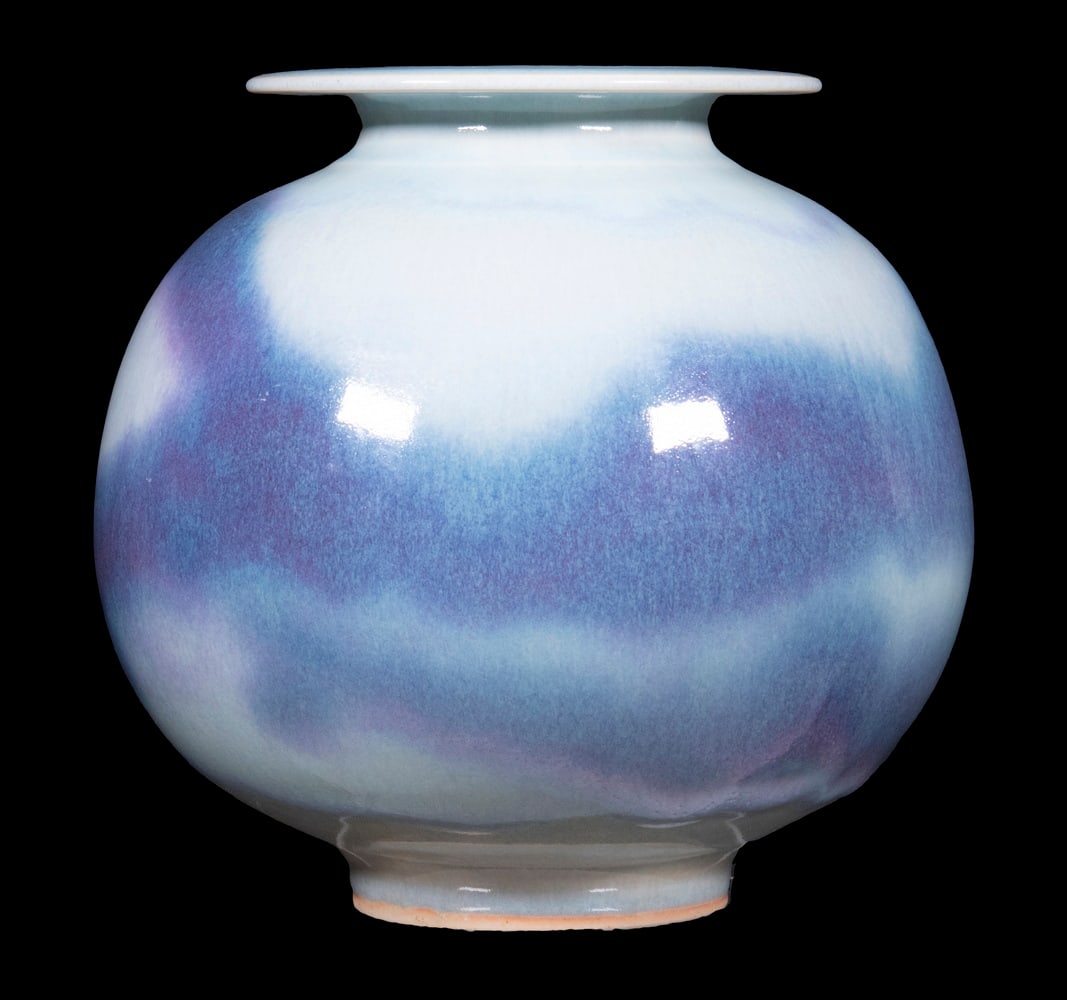 BROTHER THOMAS BEZANSON (CANADA/VT, 1929-2007): Globular Porcelain Vase with flat rim, in copper blue over celadon glaze, ca. 1970s, signed on base with artist's cipher and "Benedictine Monks", Weston, VT", crafted while Brother Thomas was a member