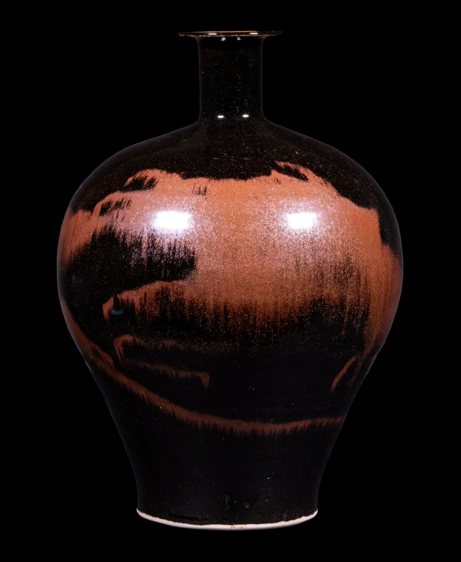 BROTHER THOMAS BEZANSON (CANADA/VT, 1929-2007): Ovoid Porcelain Vase with cylindrical neck and flat rim, in honan tenmoku glaze, ca. 1965-70, signed on base with artist's cipher and "Benedictine Monks", Weston, Vermont", crafted while Brother Thoma