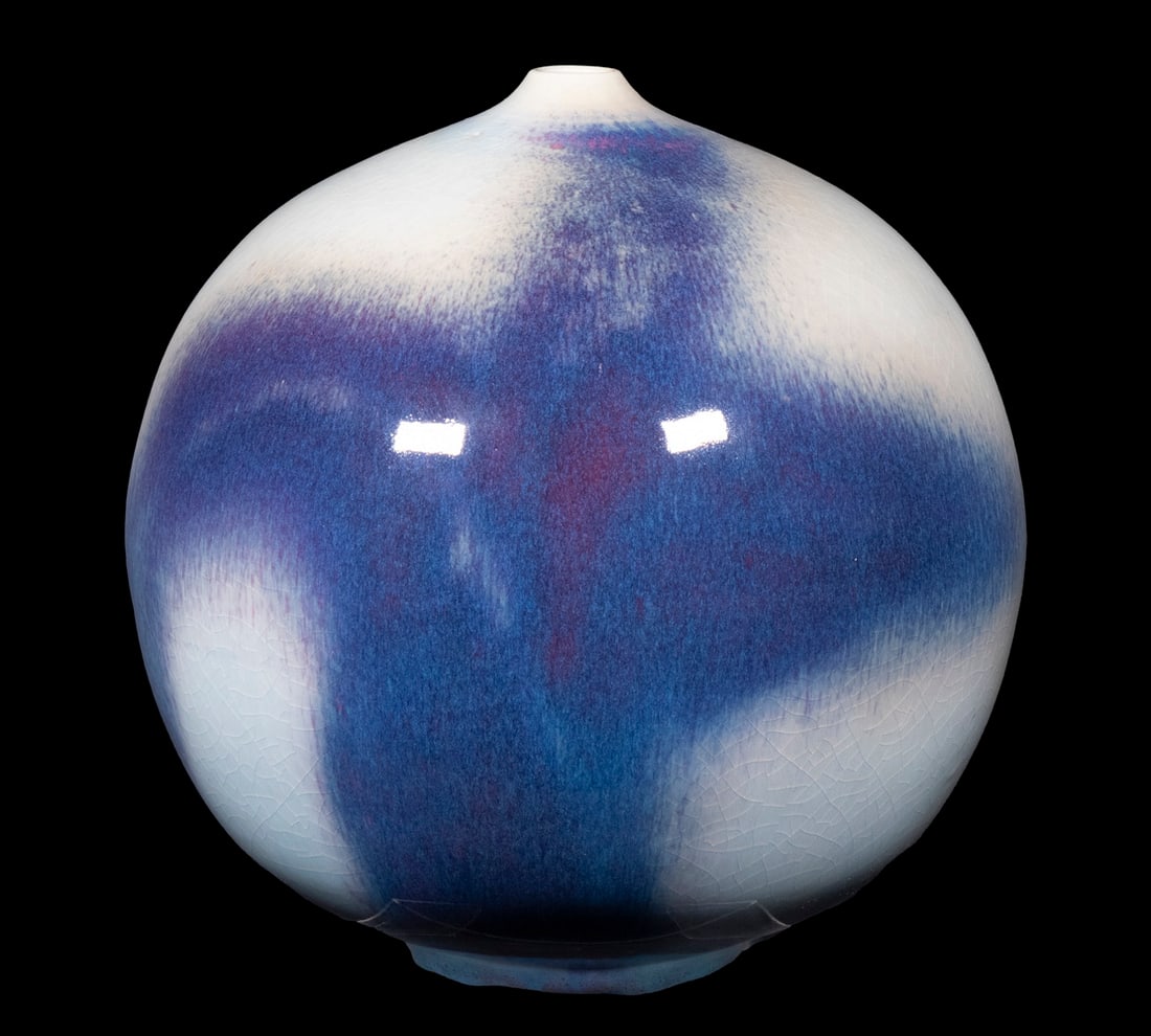 BROTHER THOMAS BEZANSON (CANADA/VT, 1929-2007): Globular Porcelain Vase, in opalescent copper blue glaze, ca. 1980, signed on base with artist's cipher and "Benedictine Monks", Weston, VT", crafted while Brother Thomas was a member of the Weston Pr