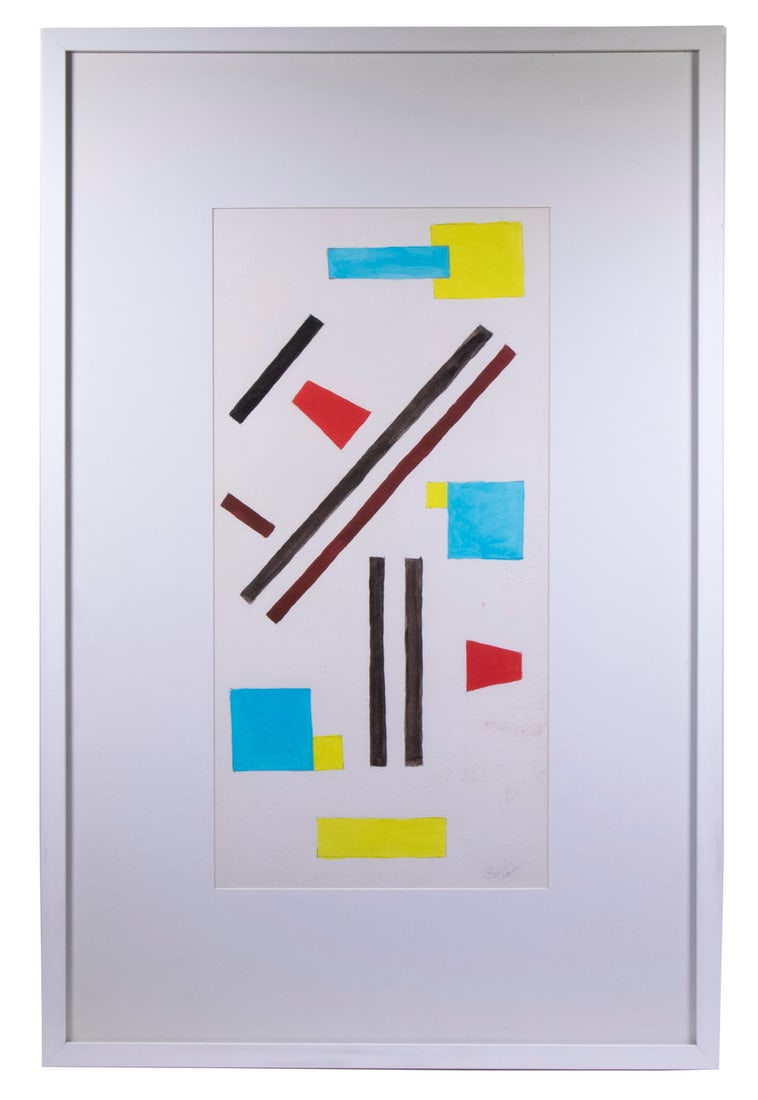 CHARMION VON WIEGAND (NY/IL, 1896-1983): Untitled Abstract, watercolor on paper, pencil signed 'CvW' lower right, mounted in white mat under glass, in white painted poplar box frame, OS: 32 3/4" x 21 1/2", SS: 21 1/2" x 10 1/2", a few scatte