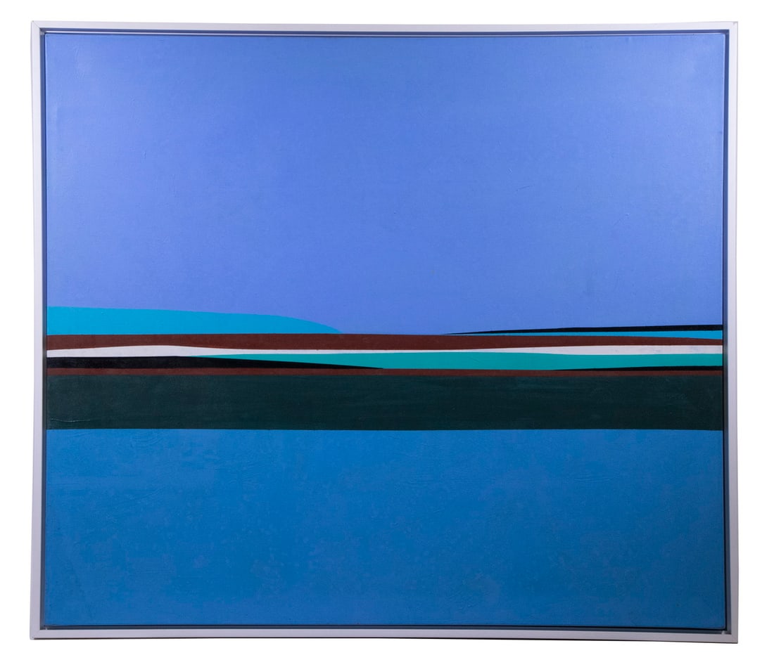 MERCEDES PARDO (VENEZUELA, 1922-2005): Serenidad, Arriba, monumental acrylic on canvas, signed and titled verso, dated 1987, in a white shadowline frame, OS: OS: 50" x 57", SS: 48" x 555", fine condition.