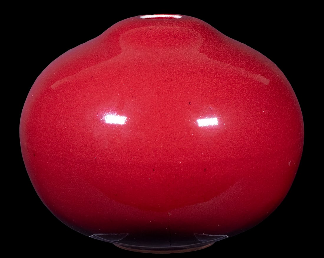 BROTHER THOMAS BEZANSON (CANADA/VT, 1929-2007): Bulbous Porcelain Vase, in copper red glaze, ca. 1970s, signed on base with artist's cipher and "Benedictine Monks", Weston, VT", crafted while Brother Thomas was a member of the Weston Priory monasti