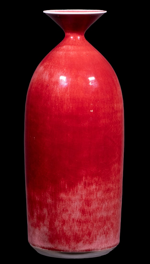 BROTHER THOMAS BEZANSON (CANADA/VT, 1929-2007): Tapered Cylindrical Porcelain Vase, with narrow neck, in copper red glaze, ca. 1965-70, signed on base with artist's cipher and "Benedictine Monks", Weston, Vermont", crafted while Brother Thomas was