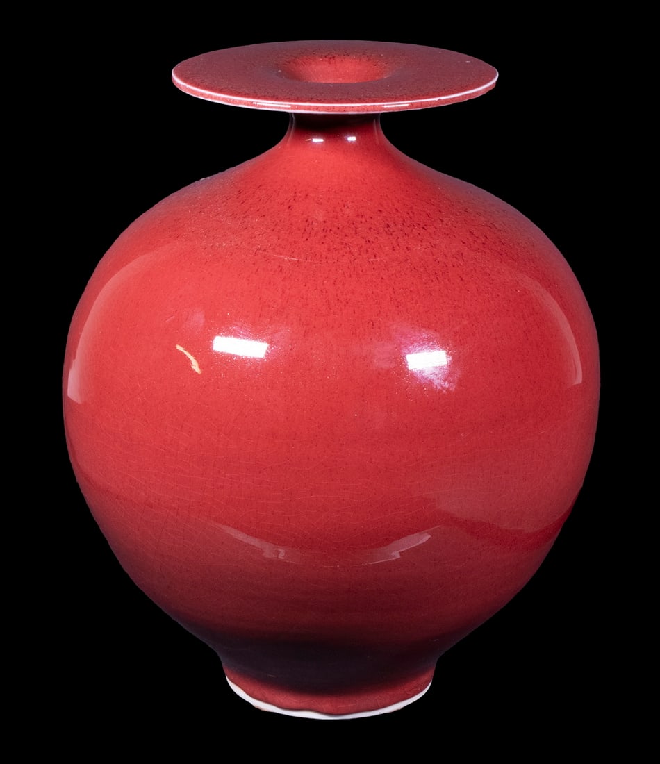 BROTHER THOMAS BEZANSON (CANADA/VT, 1929-2007): Bulbous Porcelain Vase, ca. 1970s, in iron red glaze, having a spherical body, narrow neck and wide flat rim, base inscribed "Benedictine Monks, Weston, VT, 4152" and with Bezanson's cipher mark, 11 1