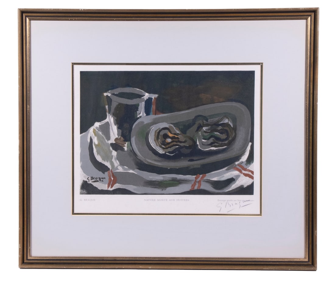 AFTER GEORGES BRAQUE (FRANCE, 1882-1963): Nature Morte aux Huitres, litho from the original 1949 woodcut, signed in print and pencil signed by Braque lower right. Label verso dated 28 Nov 1949, LV/C, vu Robert Rey". Michel Rey, Estampes. Pari