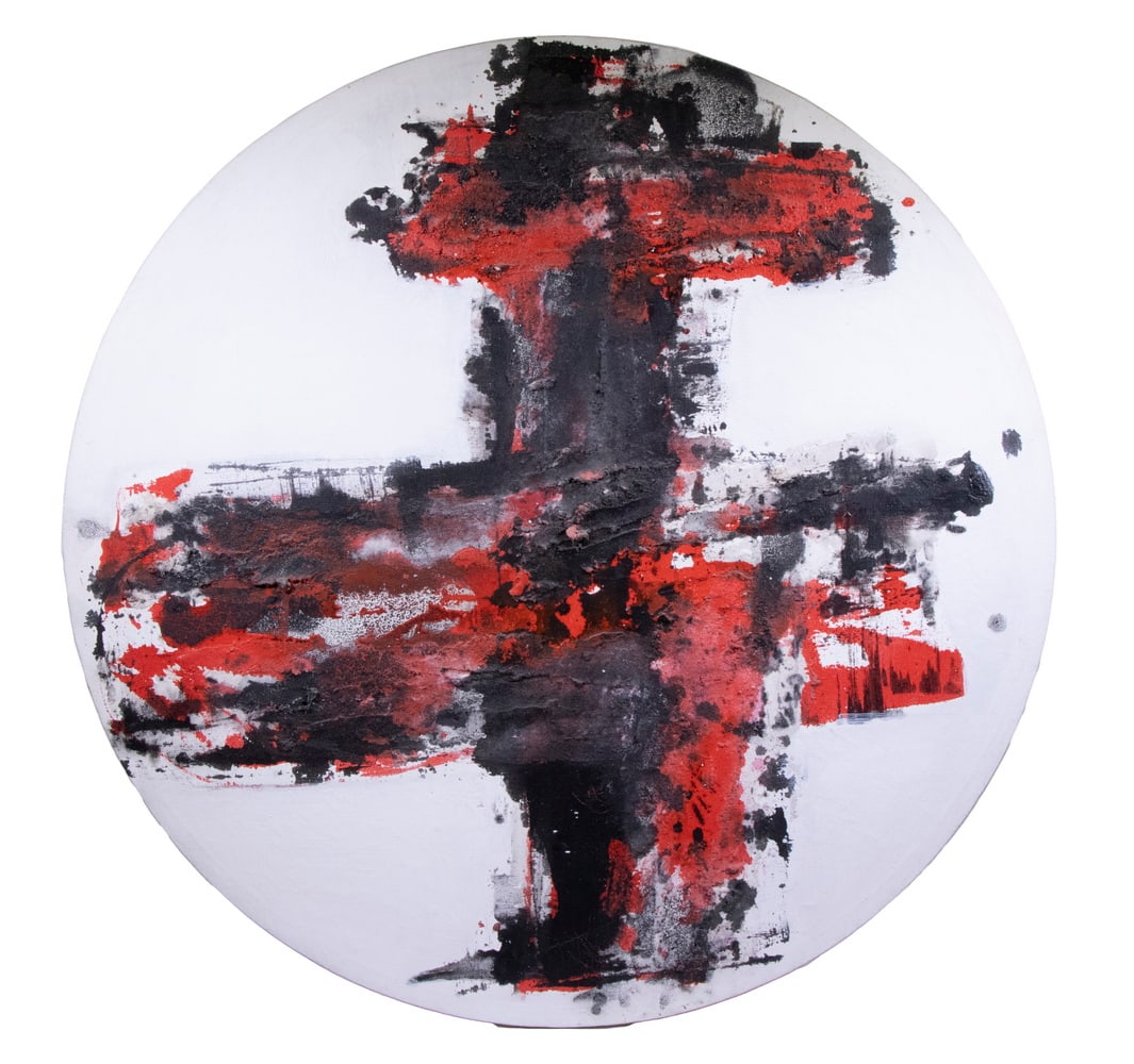 VERA HALLER (HUNGARY, 1910-1991): Borderline Image, VII, 1960, oil and sand on circular canvas, signed, titled and dated verso, unframed with painted edge, bentwood stretcher. 39" diam. German newspaper clipping from exhibition "Die M