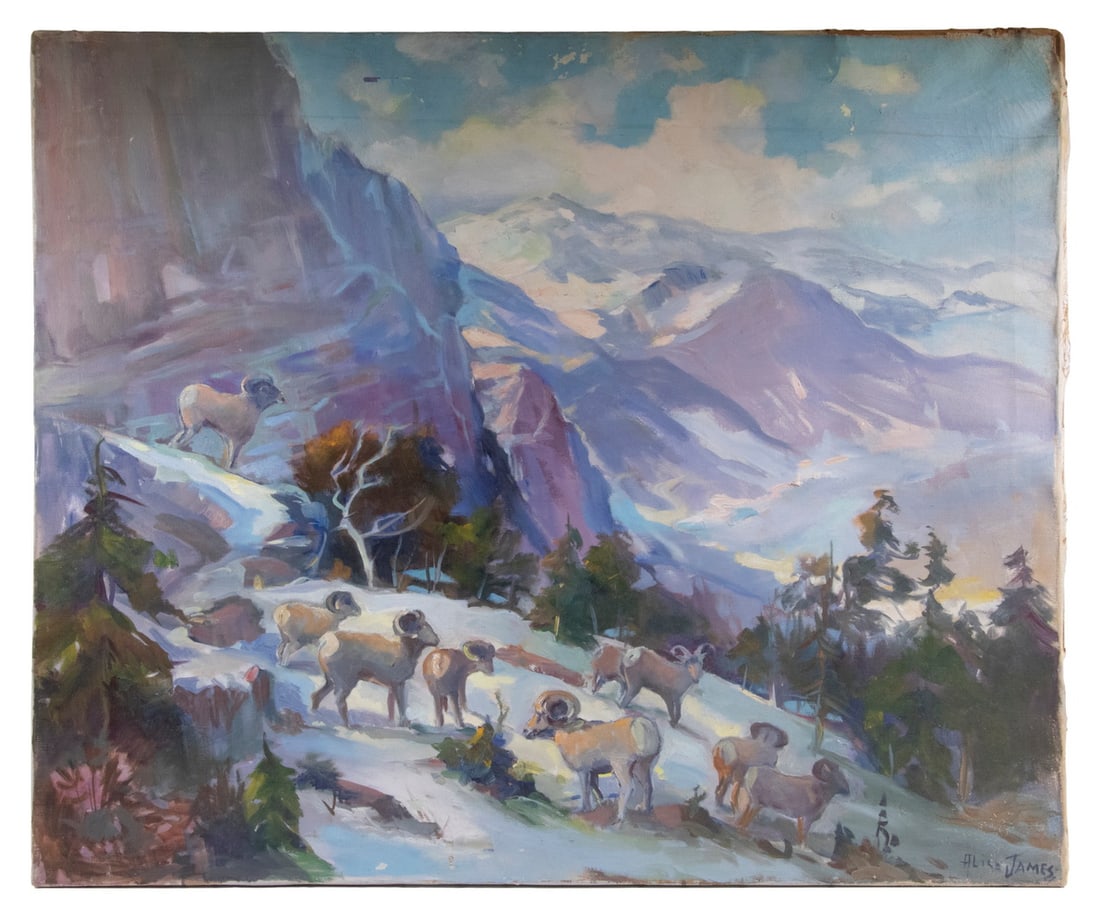 OOC DEPICTING RAMS ON BLUFF: A Herd of Big Horn Sheep in a Snowy Mountain Range, oil on canvas, signed lower right, unframed, 30" x 36".