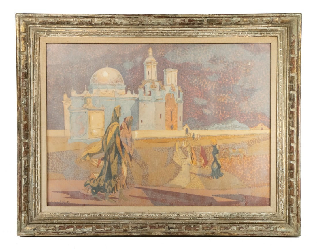 MILLARD SHEETS (CA, 1907-1989): Women Near San Xavier Mission (Tuscon, AZ), serigraph on paper, pencil signed lower left, in handcarved fatigued gold frame with linen liner, under glass, OS: 29" x 37", SS: 21 1/2" x 29 1/2", good co