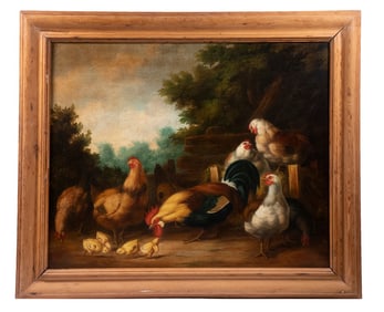 LARGE RUSTIC BARNYARD SCENE, 20TH C.