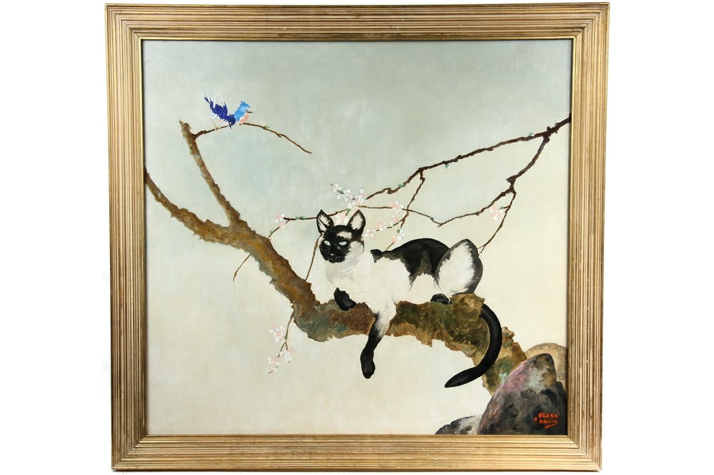 STARK (WINTHROP STARK) DAVIS (IL/CA, 1885-1950): Siamese Cat on Branch, oil on canvas, signed lr, the animal is depicted supine on a flowering branch, 2 bluebirds perched above, SS: 27 1/2" x 29 1/2", OS: 32 1/4" x 34 1/4"
