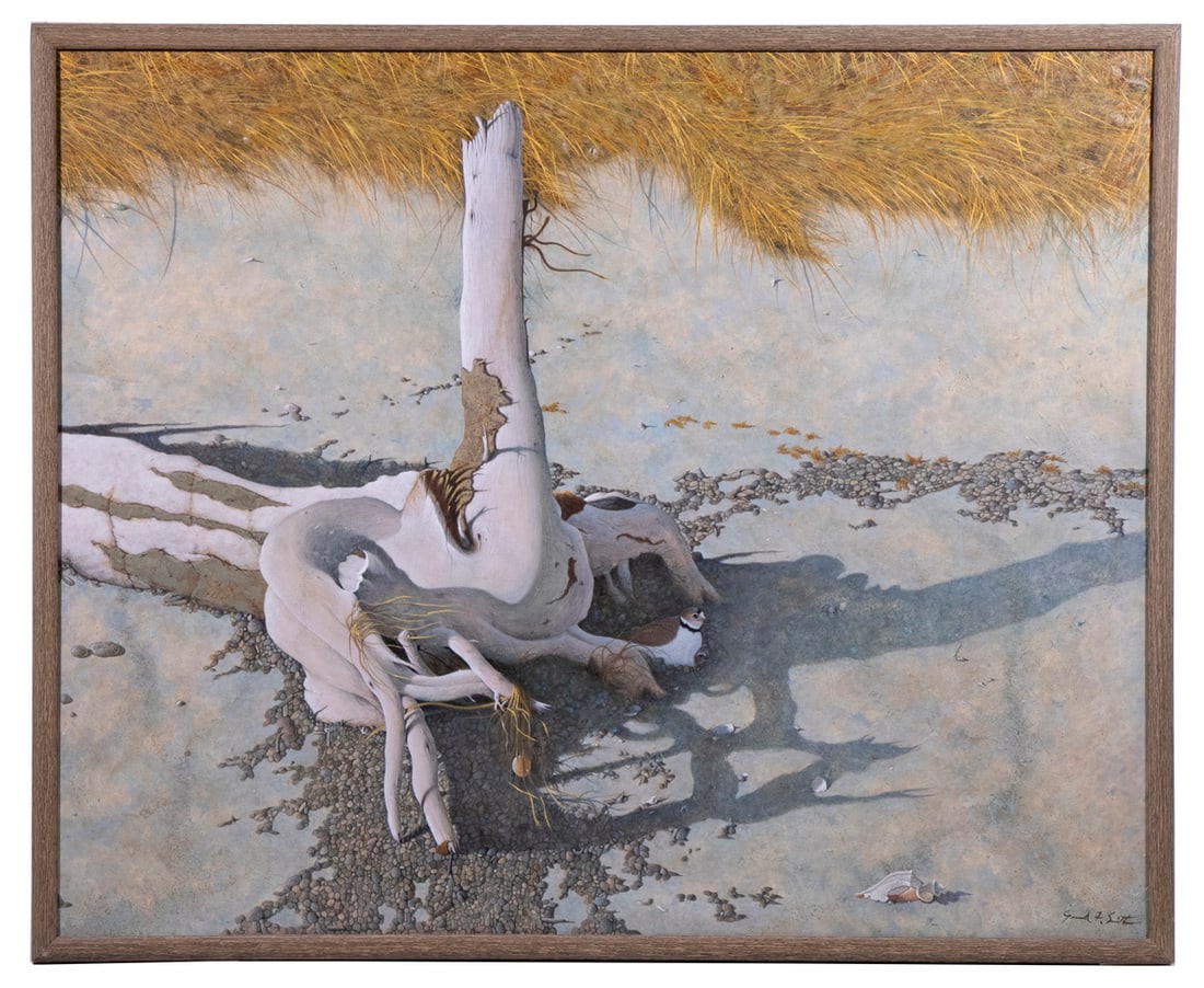 GERARD FRANCIS SMITH (CT, 1938-2011): Driftwood with Killdeer, acrylic on canvas, signed lower right, in weathered round top frame, OS: 40" x 49", SS: 38" x 47. Original price 6500.