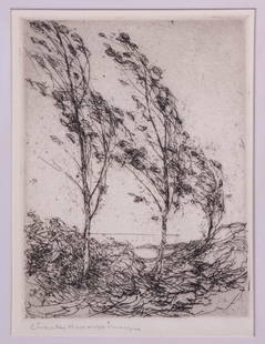 CHARLES HERBERT WOODBURY (ME/MA, 1864-1940): Three Trees in Coastal Wind, etching on paper, pencil signed, in black stick frame, matted but lacking glass, OS: 15" x 12", impression: 7 3/4" x 5 3/4".
