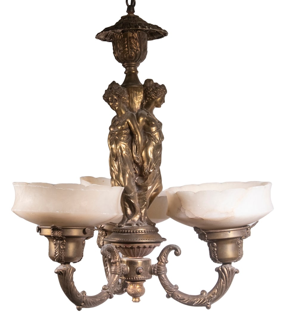 BRASS FIGURAL CHANDELIER WITH ALABASTER SHADES (1 of 2)