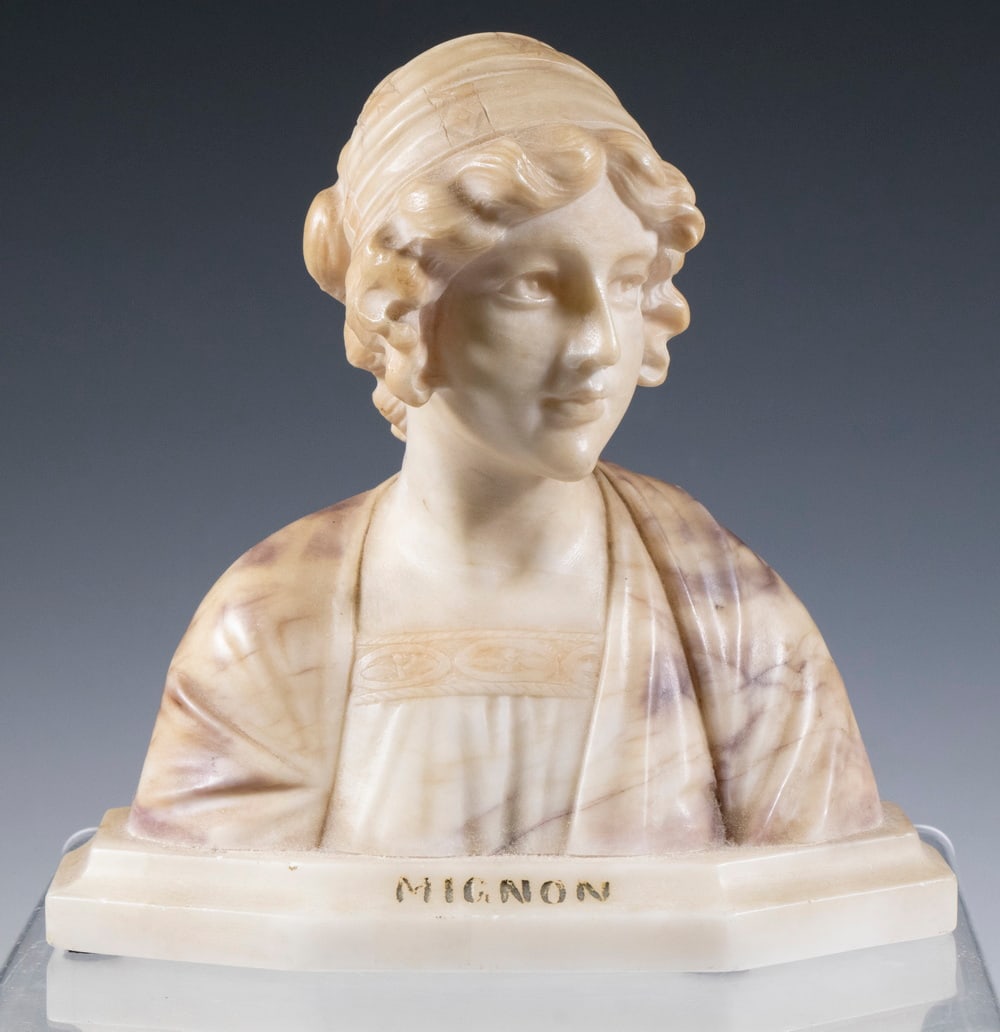 ALABASTER BUST AFTER GIOVANNI BESSI (ITALY, 1857-1922): Mignon, carved alabaster sculpture, unsigned, depicting a lovely young woman, 7 1/2" high, 7 1/2" x 3 1/2".