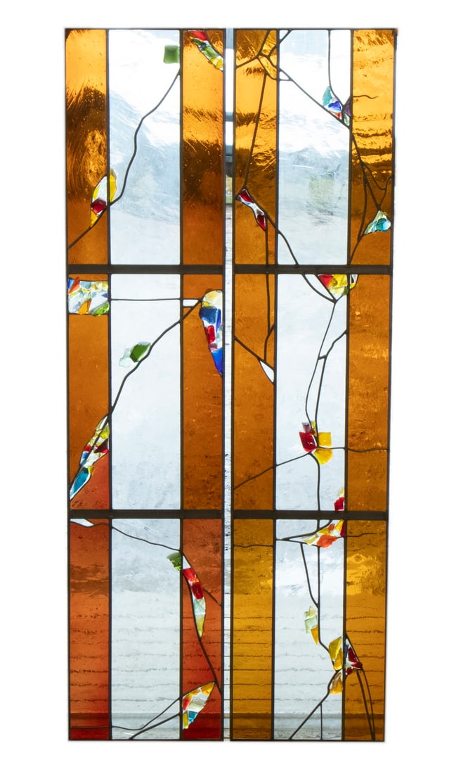 (5) HAND MADE STAINED GLASS WINDOWS BY LEONE MCNEIL (CA, 1916-2014): Leaded clear glass with chunks of colored slag adhered, made for Dr. Robert McNeil (1943-2021) for his estate on Isleboro, Maine, by his Mother. 54 3/4" x 11 1/2" each. All with wine border.Leone McNe