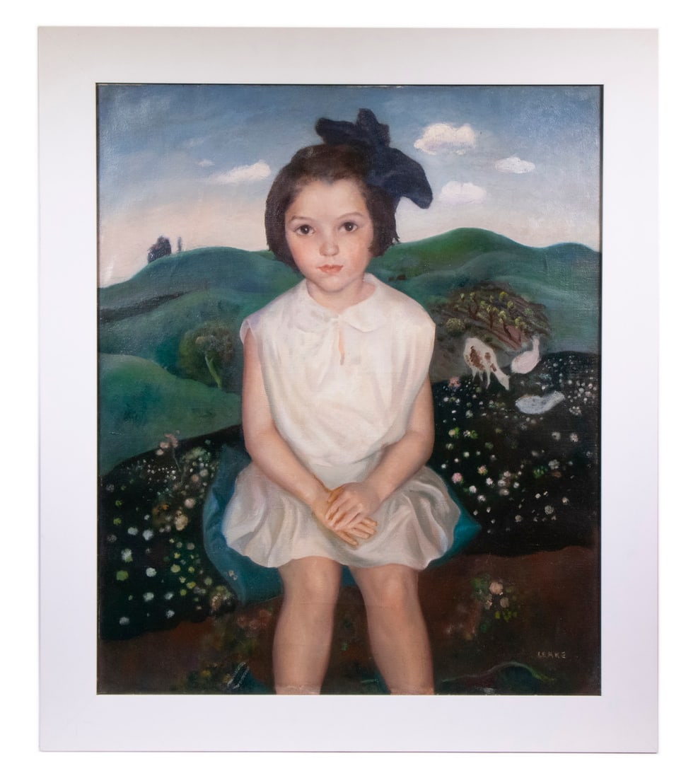 GERALD LEAKE, NY/FL/UK, 1885-197): La Poupee (The Doll), a charming portrait of a young girl seated in front of rolling farmland, oil on linen, signed lower right, titled on stretcher and on label from Grand Central Art Galleries of NY