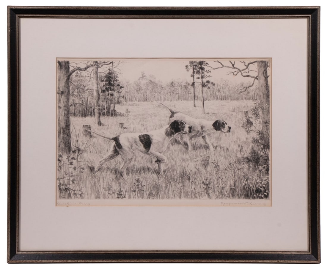 MARGUERITE KIRMSE (CT/UK, 1885-1954): Carolina Days, a portrait of two pointer dogs in the field, etching, pencil signed and titled, in black and silver stick frame, matted and glazed, OS: 16" x 19", impression: 8 3/4" x 13".