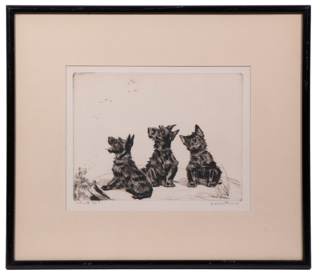 DIANA THORNE (NY/CANADA/RUSSIA, 1894/95 - 1963): What's Up?, depicting a trio of black Scottie dogs, etching on paper, pencil signed and titled, in black stick frame, matted under glass, OS: 12" x 14", impression: 6" 7 3/4".