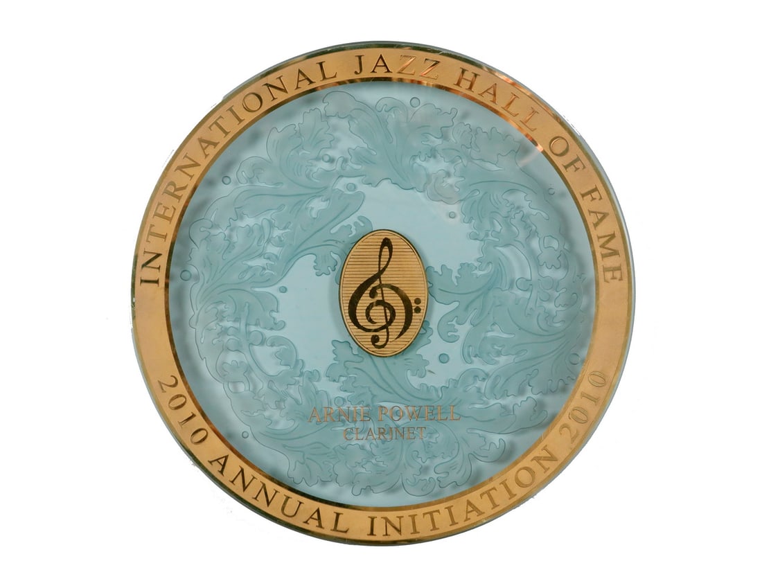 INTERNATIONAL JAZZ HALL OF FAME AWARD: Display Award for the International Jazz Hall of Fame 2010 Annual Initiation, with the recipient's name misspelt as Arnie (really Ernie) Powell, for Clarinet. The Hall of Fame was in Kansas City, MO, 