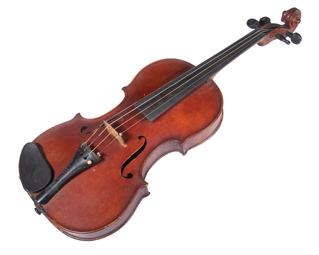 VIOLIN BY CHARLES H. MATHEWSON OF PROVIDENCE, RI, 1933: Tiger maple, with old label dated 1933, in remnants of the original case, 14" body, 5 1/4" neck. 13" scale. Includes two unmarked bows.