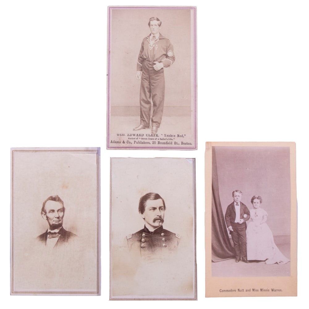 (4) CIVIL WAR ERA HISTORICAL CDV PHOTOS: Including: Geo. Edward Clark, "Yankee Ned", Author of "Seven Years of a Sailor's Life" Adams & Co Publishers, 25 Bromfield St., Boston (signed verso); PLUS Commodore Nutt and Miss Minnie Warren, by E&
