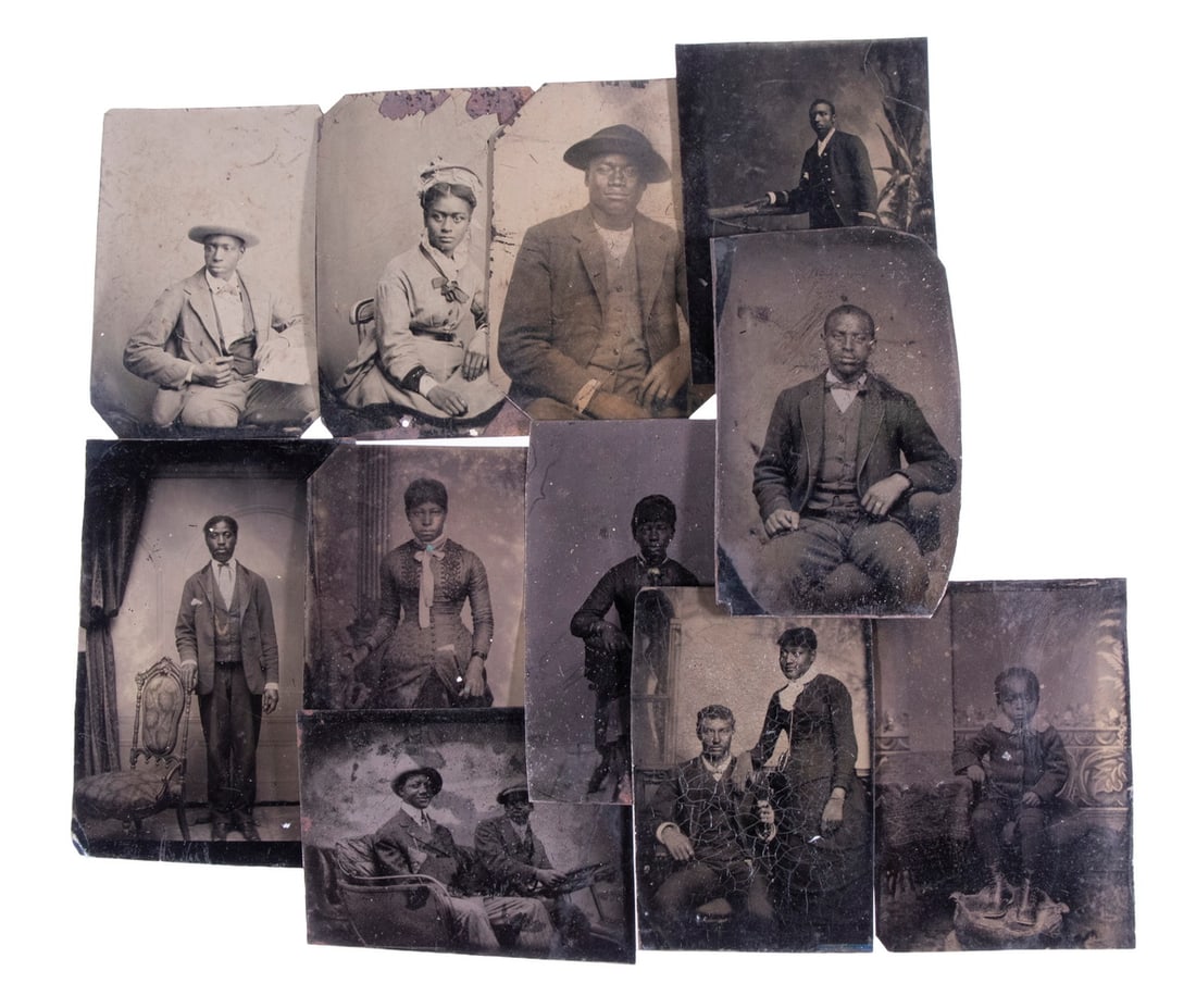 (11) TINTYPE PHOTOS OF AFRICAN AMERICANS, 1880-1910: Mostly posing in their very best outfits, some more casual, almost exclusively men, one of father and son in a circa 1905 automobile. Bends, some rust, some image loss.