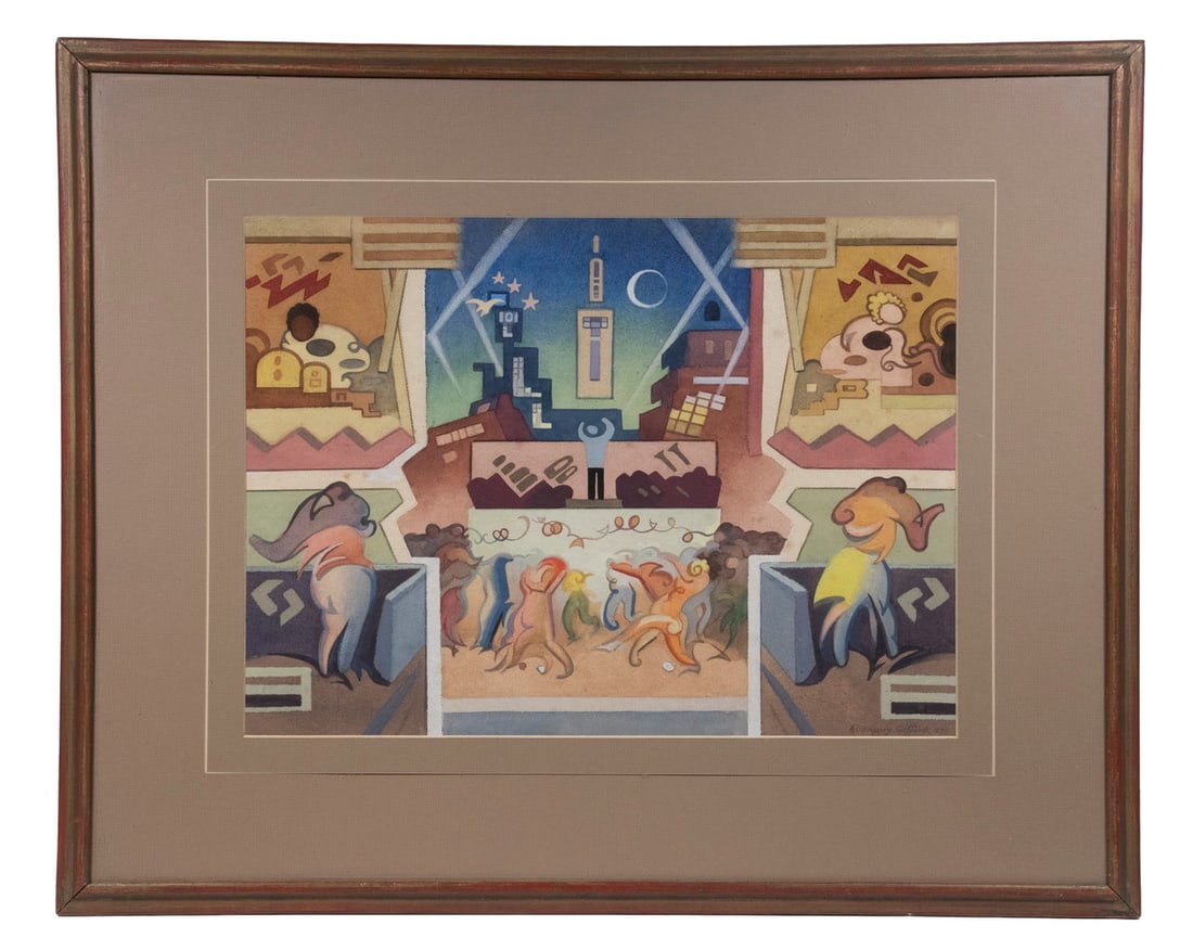 ROBERT GREGORY GIFFORD (NY/KY/MA, 1895 -): 12th St. Rock and Roll, watercolor on illustration board, signed lower right and dated '55; (possibly a design for a theatrical backdrop), label verso from 1957 Boston Arts Festival, giving title and 