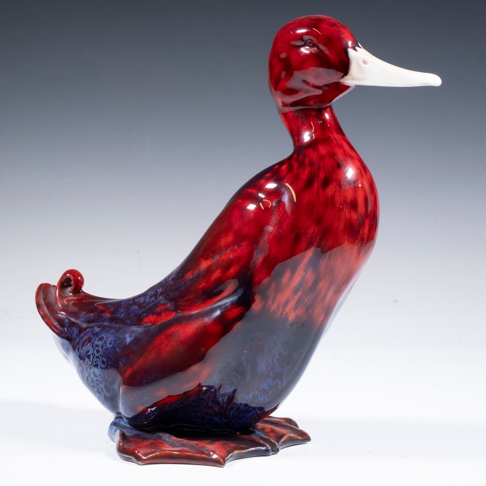 ROYAL DOULTON SUNG WARE DUCK BY CHARLES NOKE & FRED ALLEN: Mid-20th c. Flambe Glazed Standing Mallard Duck Figure, by Charles Noke (signed "Noke") and Fred Allen (signed "FA") for Royal Doulton, with deep red and blue porcelain glaze in a technique developed 