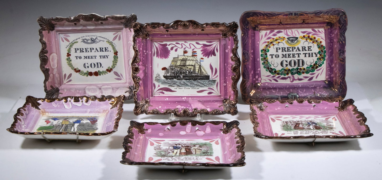 (6) ENGLISH PINK & COPPER LUSTRE PLAQUES: Group of (6) Sunderland Plaques, circa 1830s, each with a transfer printed image - four with nautical themes and two "Prepare to Meet Thy God", all with hanging holes to top edge, 7 1/2" x 8 1/2". Cra